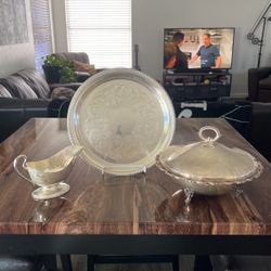 Antique WM Rodgers Silver plated Plate, Dish, And Gravy Boat