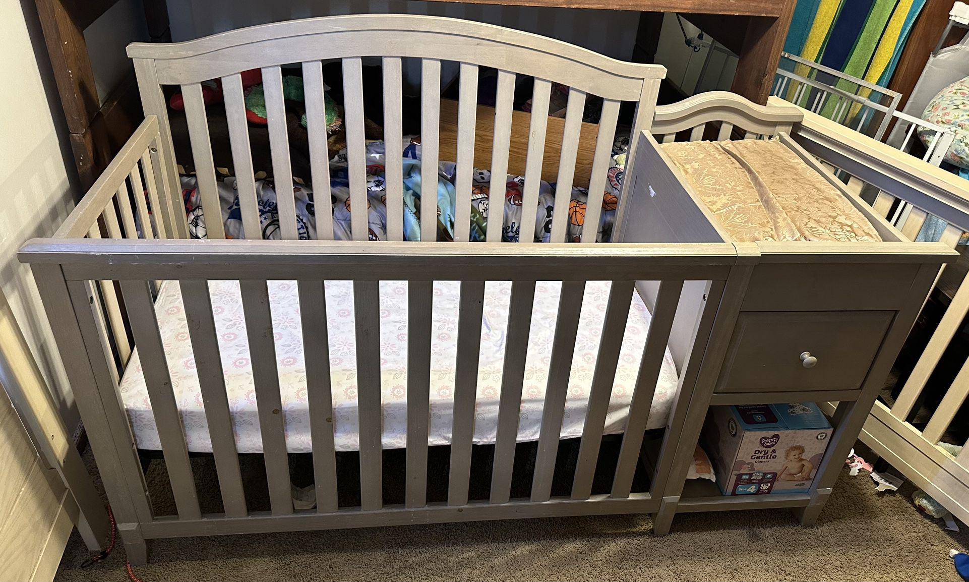 Standard Size Wooden Baby Crib With Built- In Changing Table
