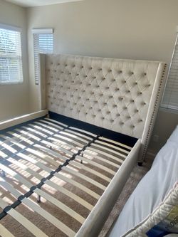 New Beige Queen Bed | Tufted bed | Velour fabric