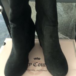 Juicy Couture Black Suede Wedge Boot Faux Fur Lined Womens Size 7