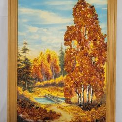 Framed Vintage Handmade USSR Soviet Amber Landscape Art 9.5"×13"