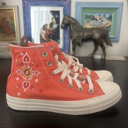 New Peachy Orange Embroidered Converse High Tops