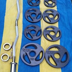 NEW CAP CURL BAR. &. EASY GRIP OLYMPIC PLATES  :  PAIRS OF   10s  &   2.5s  &   (FOUR)  5s 