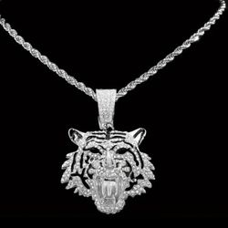 Iced Out Tiger Head 14 White Gold-Plated Cubic Zirconia Pendant Necklace 