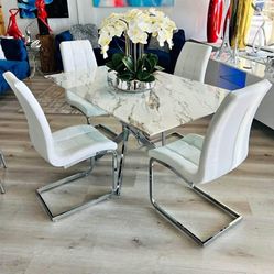 White Marble Top Table Set 4 Chairs White New 
