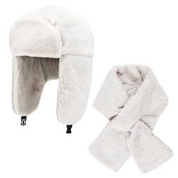 2pc Adult Faux Fur Trapper Hat & Scarf Set