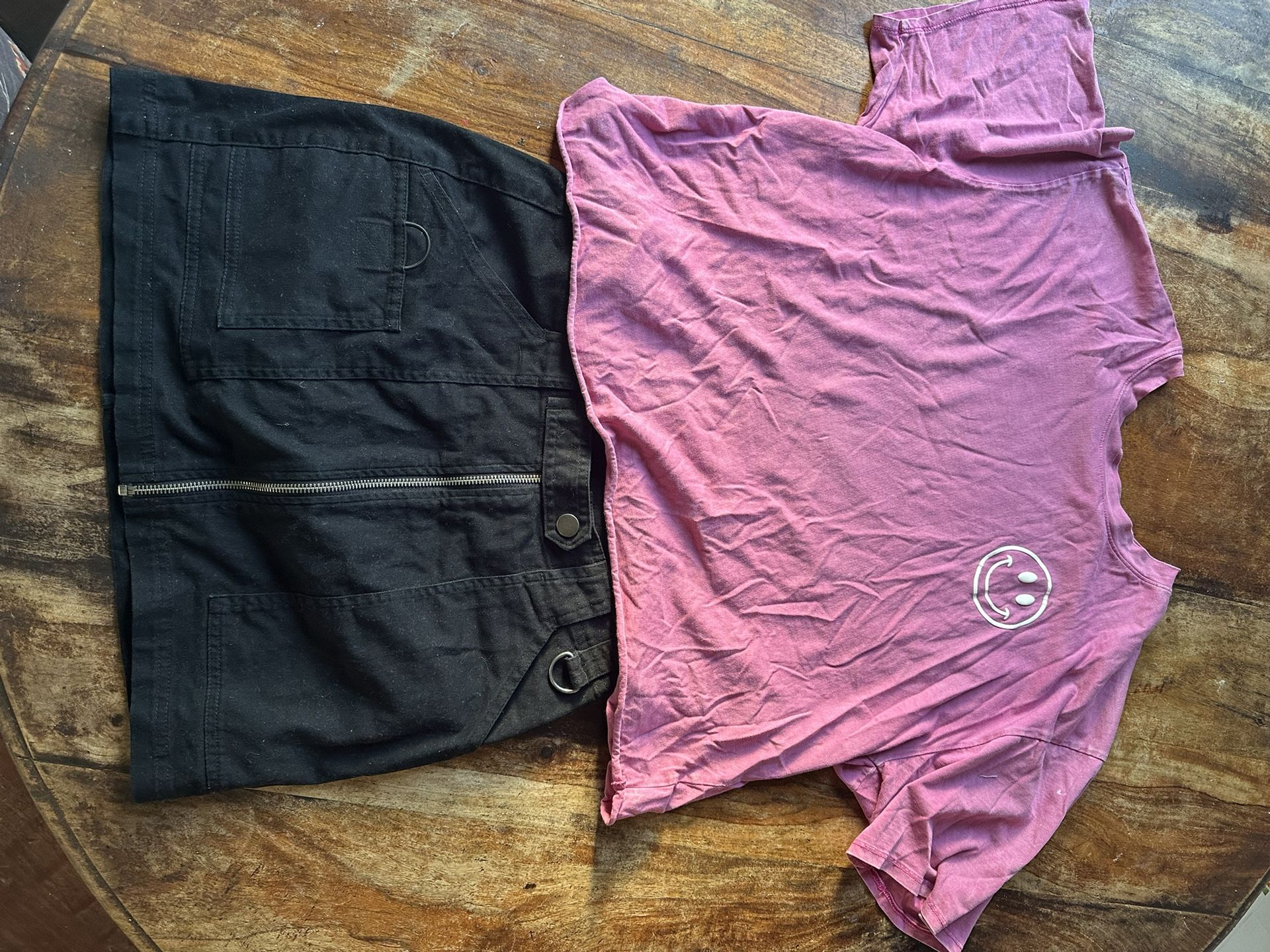 Black Zip-Up Skirt, Pink Shirt, Camo Tulle Top, Checkered Shirt With Beanies 