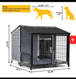 46” Wooden Outdoor Dog House with Run, Raised Floor, Asphalt Roof, Large Kennel, Gray & Black