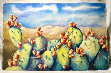 Original Signed Watercolor Painting Prickly Pear Cactus Desert Landscape Signed S Gray