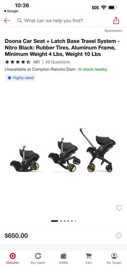 Doona Car Seat + Latch Base Travel System - Nitro Black: Rubber Tires, Aluminum Frame, Minimum Weight 4 Lbs, Weight 10 Lbs