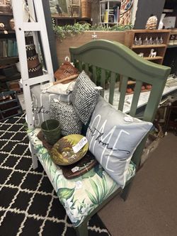 Vintage Farmhouse Wood & Fabric Bench