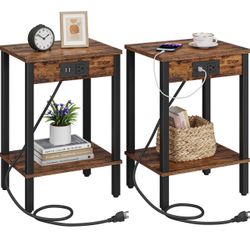 2 End Table with Charging Station, Narrow Side Table with USB Ports and Outlets, Nightstands with 2-Tier Storage Shelves, Sofa Table for Small Space  