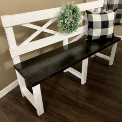 💜 Backrest bench farmhouse shabby chic rustic distressed farm style plank dining hallway entryway mud room porch custom