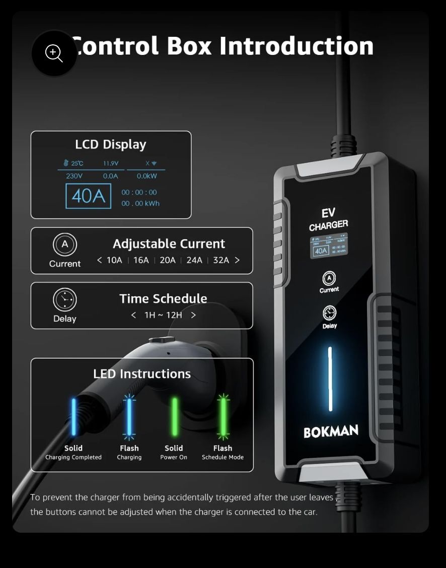 bokman Portable Level 1&2 EV Charger (240V,40A) Current Adjustable with 25ft Charging Cable and NEMA 14-50 for SAE-J1772 Electric Vehicles and PHEVs, 