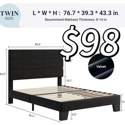 😀 Allewie Twin Size Platform Bed Frame with Velvet Upholstered Headboard and Wooden Slats Support, Fully Upholstered Mattress Foundation/No Box Sprin