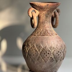 Vintage Latin American Red Clay Vase with Dangling Ring Handles. Hand Carved!