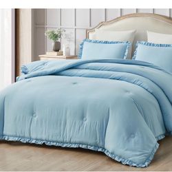 Chezmoi Collection Nora Chambray Blue Comforter Set Oversized Queen Size 3-Piece Fluffy Soft Lightweight Bedding Ruffled Edge Trim Stone-Washed Microf