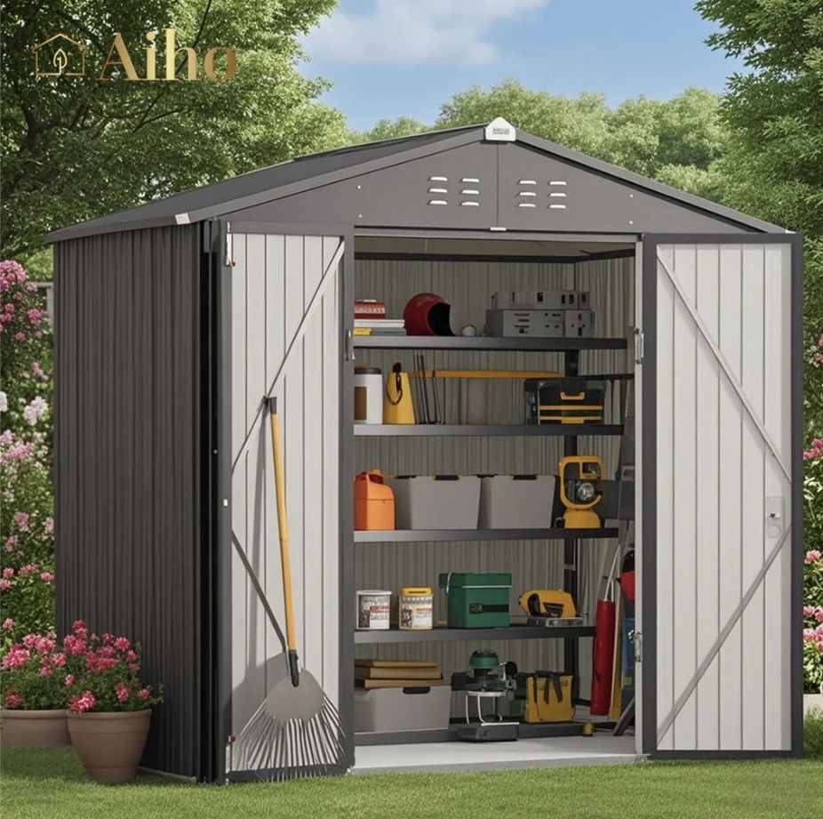 Outdoor Storage Shed 8 x 6 FT, Galvanized Metal Garden Shed with Lockable Doors, Outdoor Storage Clearance for Backyard Patio Lawn-Dark Grey