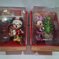 Disney, A Touch of Magic, Mickey and Minnie Glass Holiday Ornaments Set