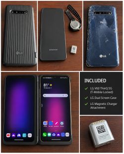 LG V60 ThinQ 5G (128GB) + LG Dual Screen Case + Magnetic Charger Adapter – T-Mobile Locked – Read Description