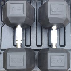 PAIR ÓF  60  LB.  RUBBER HEX DUMBBELLS 