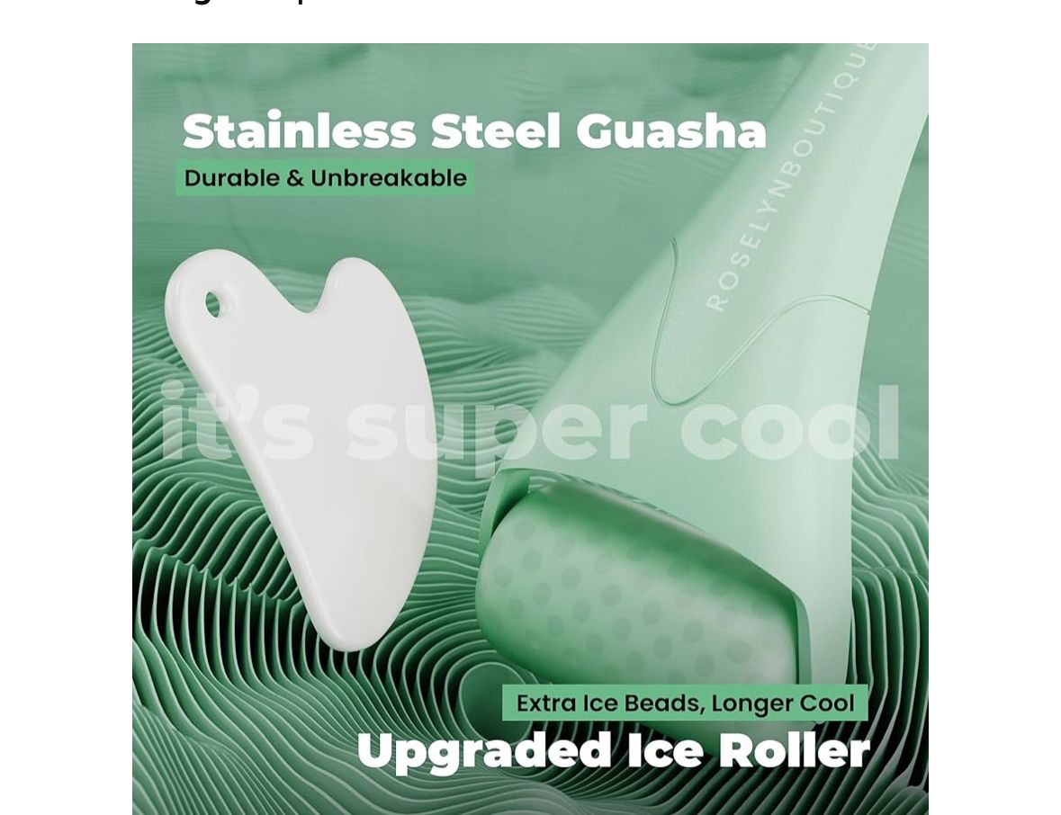 Ice Roller for Face Wrinkles Fine Lines Puffiness Stick Massager Facial Skin Care Tools Self Care Gifts for Men Women (Green & Guasha)