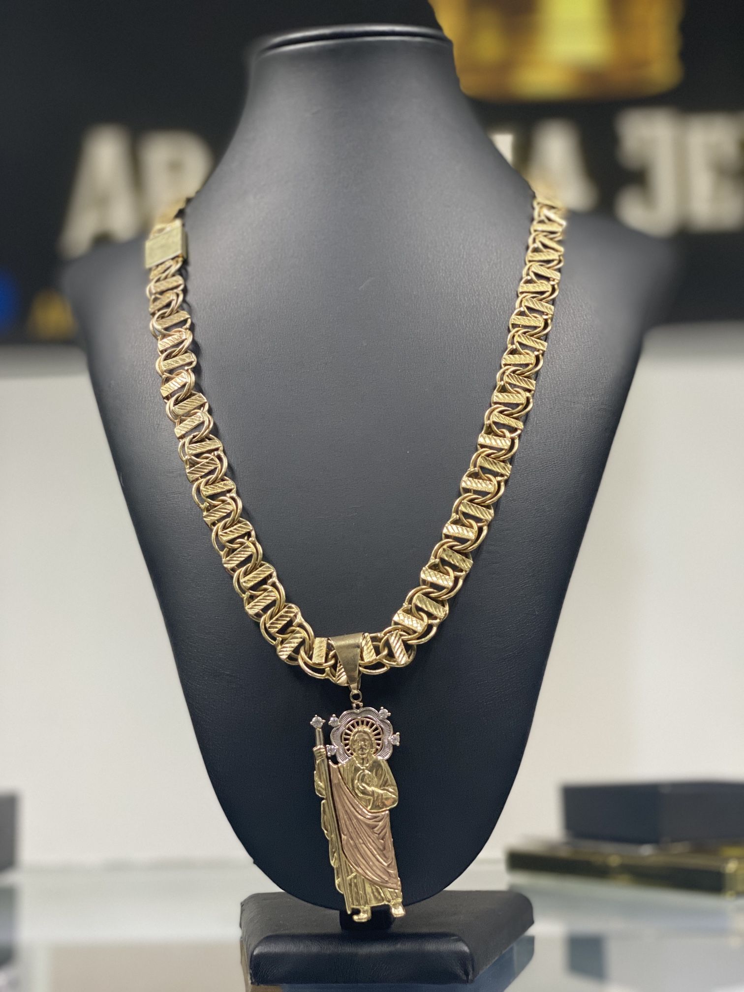 14k Solid Chino Bar Link Chain With San Judas Charm 