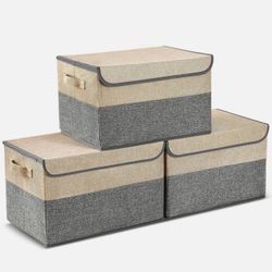 3Pcs Large Storage Bin w/ Lids Foldable Storage Box for Toys Clothes & Book Grey 15.7 x 11 x 9.84 inch