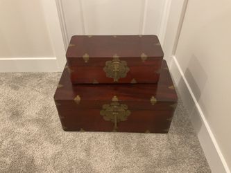 Beautiful Rosewood Korean Trunk Set With Ornate Brass Hardware And Original Locks