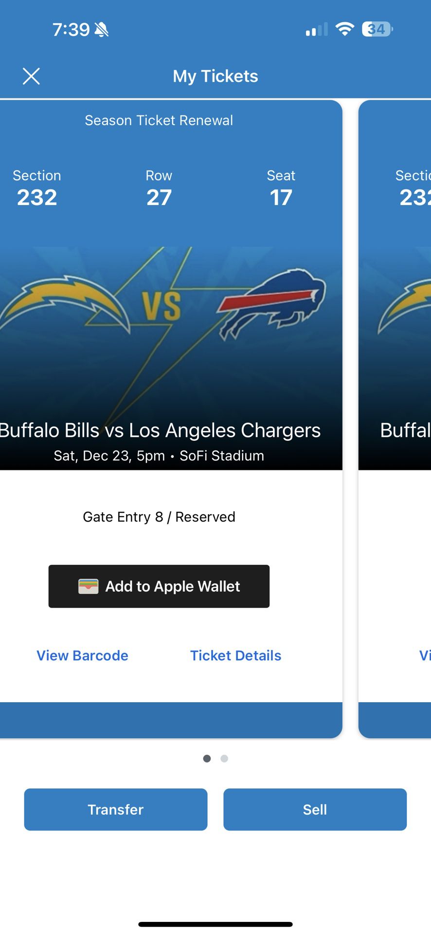 2 Tickets Section 232 Bills Chargers 