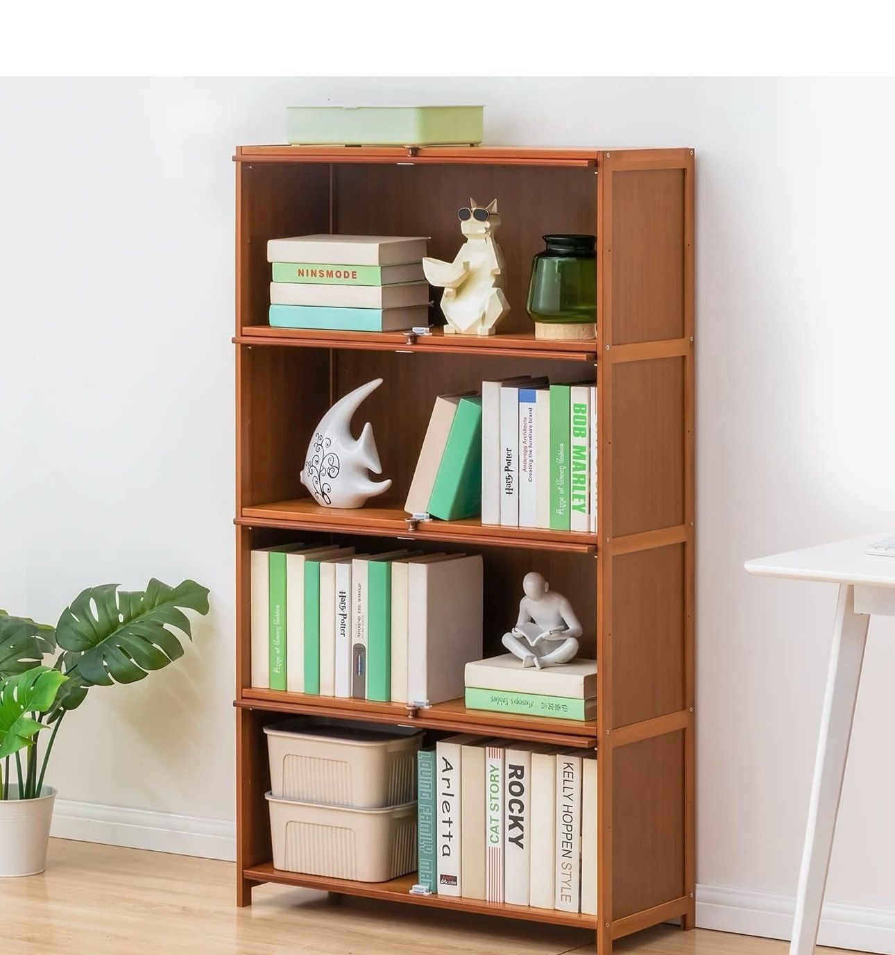 DDD154 $70  4 Tier Bookcase with Acrylic Doors, Bamboo Display Shelf Organizer Stand Save Space for Children's Student, Bedroom, Home, Office, Brown  