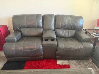 Gray Leather Reclining Loveseat with Console