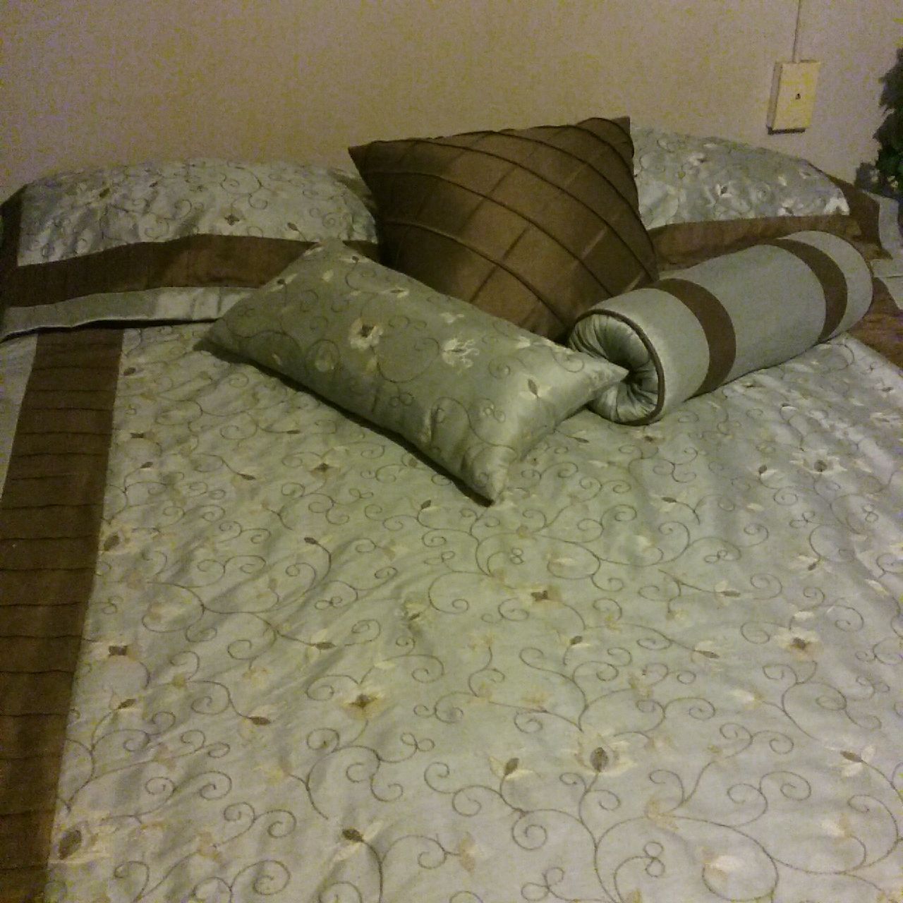 Queen size comforter seafoam green and brown stitch work 2 shams 3 decorative pillows and dust ruffle