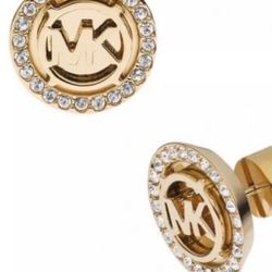 Designer Michael KORS Gold round Logo Swarovski Crystal stud earrings NWOT