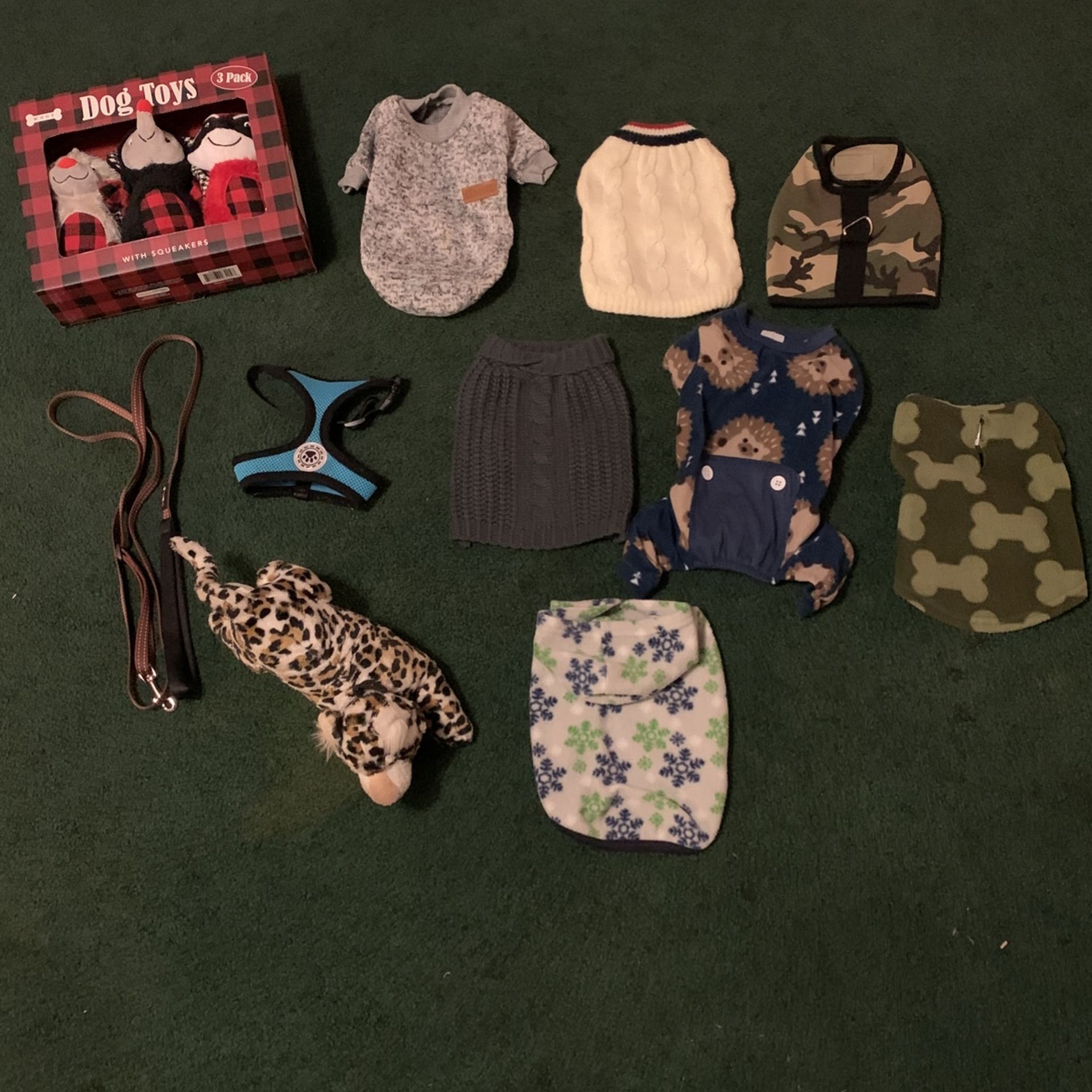 Dog Clothes, Toys, Leash, Harness, Sold As Bundle