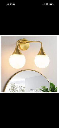 KAISITE Mid-Century Modern 2-Light Gold Vanity Light with Milky Glass Shades