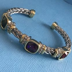 Ladies Bracelet Two Tone Gold/Silver Beautifully Detailed with Red, Purple, Green Sparkling CZ’s  *Pickup Boca Raton