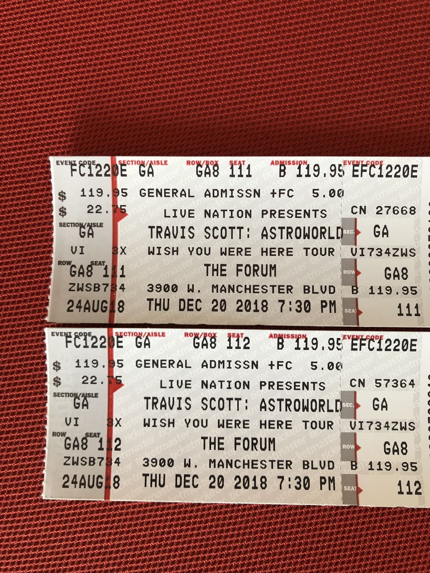 2 Floor GA tickets to Travis Scott - ASTROWORLD TOUR at The Forum in LA 12/20 (**Will trade 1 ticket for size 9 Travis Scott AF1 shoes**)