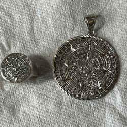 Sterling Silver Aztec Mayan Calendar Pendant And Ring Size 11.5(👉 Firm Price 👈)