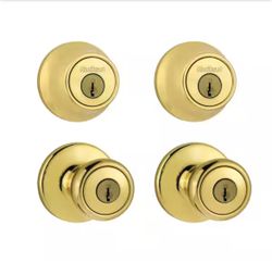 Tylo Polished Brass Exterior Entry Door Knob and Single Cylinder Deadbolt Project Pack Combo Pack