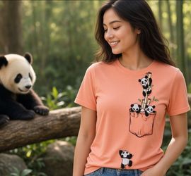 Unbranded Women’s Size Medium Panda Graphic Print Peach/Coral Short Sleeve Shirt. Average Size Medium Flat Measurements. Chest Width (Pit-to-Pit): 20