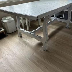 Solid Wood Kitchen Table - Distressed White w/ 6 Chairs