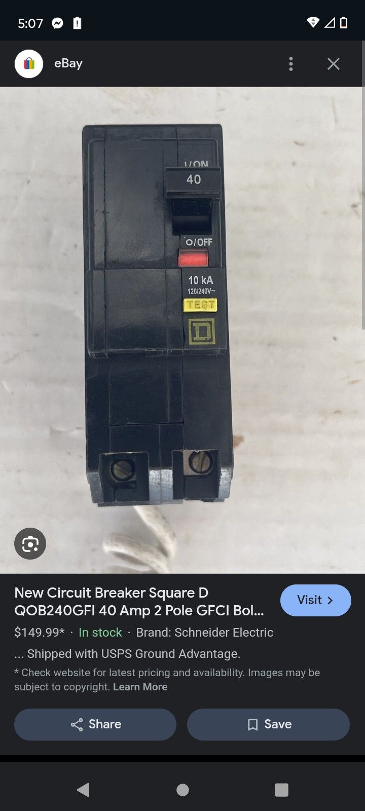 New Circuit Breaker Square D QOB240GFI 40 Amp 2 Pole GFCI Bolt On