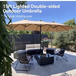 15ft Large Patio Umbrella with Base & Solar Lights, Double-Sided Outdoor Rectangle Umbrellas with 36 LED Lights, Umbrella for Outside with Stand, Beig