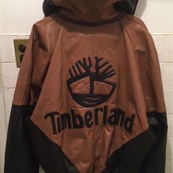 Timberland Brown Hooded Leather Jacket, Large 