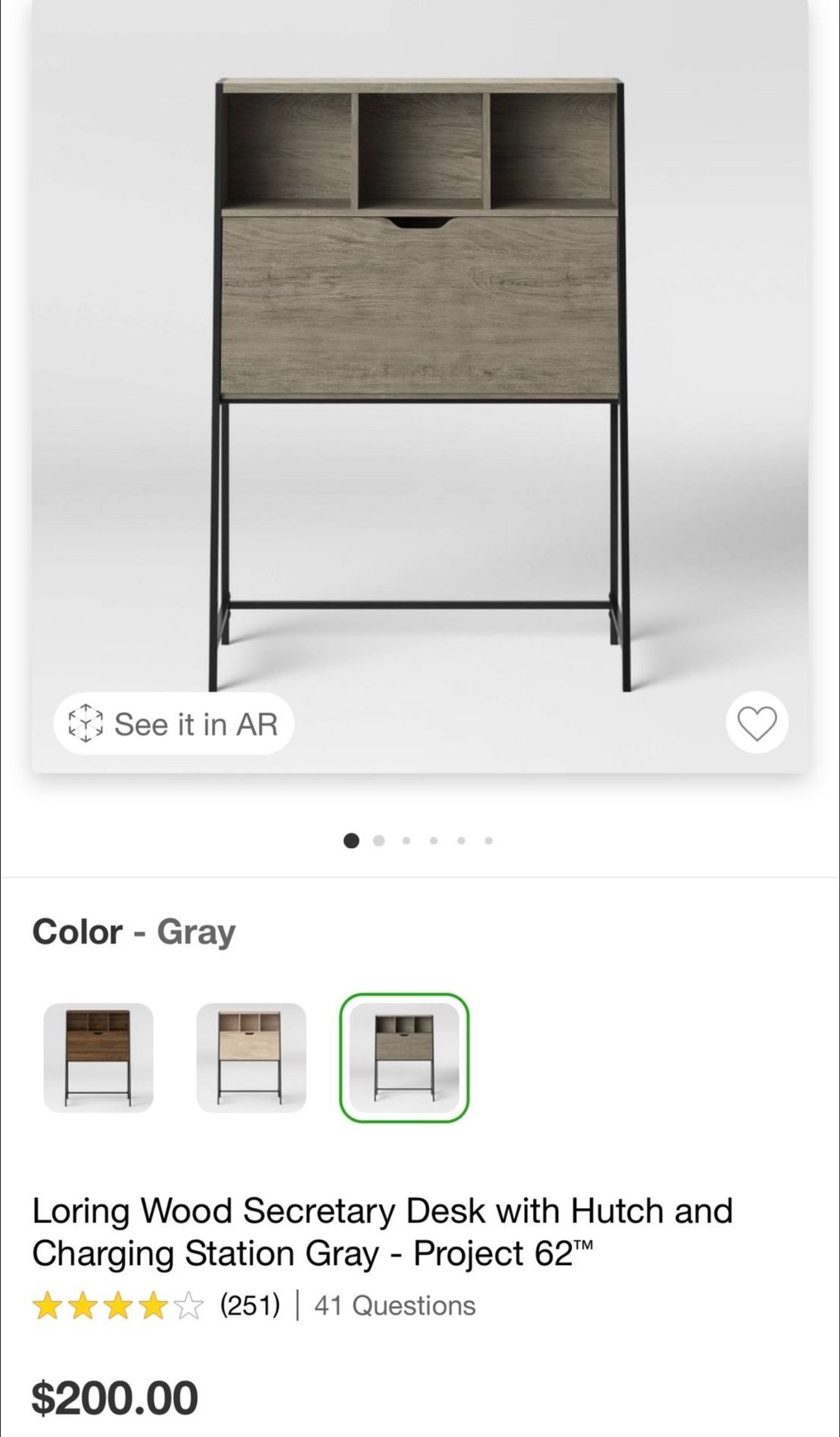 Loring Wood Secretary Desk with Hutch and Charging Station Gray