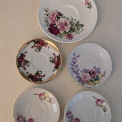 Five Vintage Porcelain China Saucers Beautiful Floral Patterns