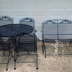 Matching Wrought Iron Patio Table With Rocking Chairs And Glider Bench