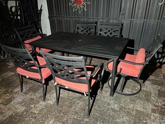 Hampton Bay Metal Rectangle Outdoor Patio Table w/ 6 Metal Chairs & Cushions