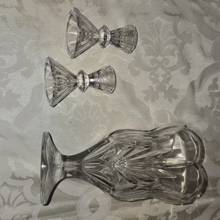 Pair Of Crystal Candlestick Holders & 1 Crystal Vase